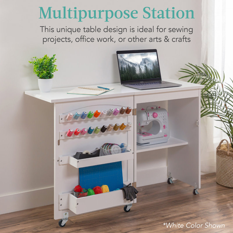 Gray Folding Sewing Table with Storage and Wheels