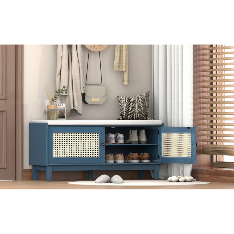 Boho Rattan Entryway Bench With Storage, Cushioned Shoe Bench With Double Doors, Wooden Shoe Organizer Bench For Entryway And Hallway (Antique Navy+Beige ), Shoe Storage