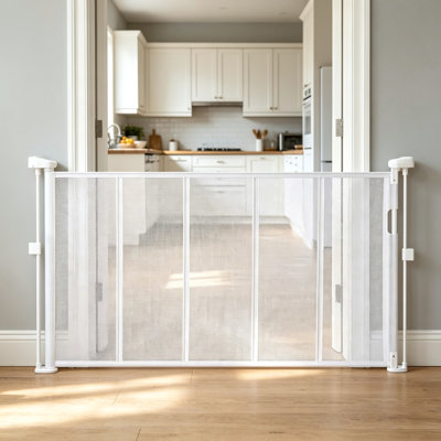 Retractable Baby & Pet Safety Gate - Extendable Up to Max Wide Opening, Roll‑Up Space‑Saving Design - White Indoor Barrier for House Doorway Hallway