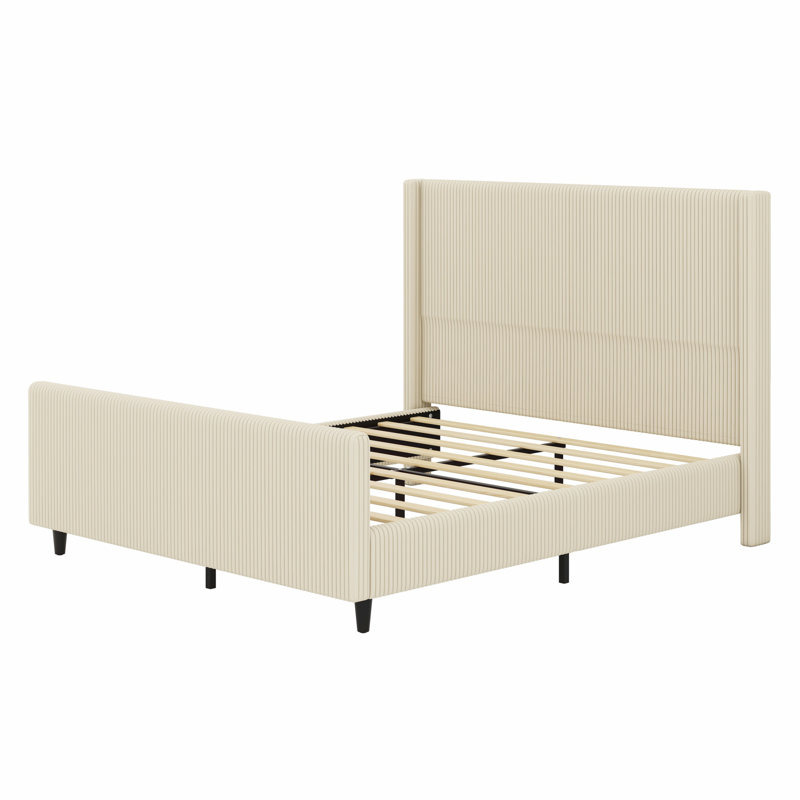 Structure de lit tapissier avec tête de lit haute à oreilles verticales et pied de lit haut, Crème, crème, Grand lit