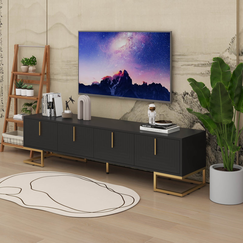 Modern Media Console TV Stand With Gold Accents And Geometric Pattern Design, Black