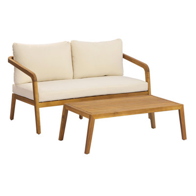 2-Piece Outdoor Loveseat & Coffee Table Set  Acacia Wood Frame with PE Wicker Back & Water-Resistant Cushions