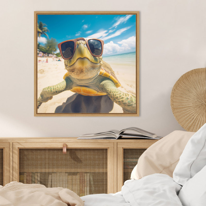 Funny Animal Turtle Selfie by The Creative Bunch Studio Framed Canvas Wall Art Print, Brown
