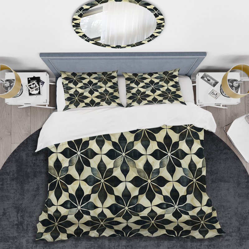 Ensemble de housse de couette transitionnel gris et noir Geo Bloom II, Housse de couette simple et deux taies décorative