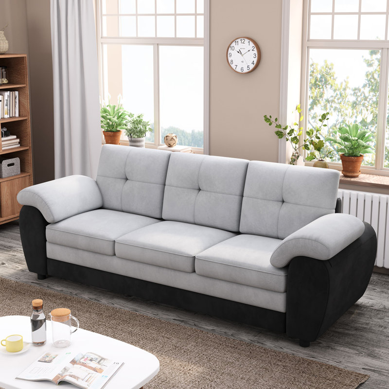81,9 po de large pour 3 sièges, cuir noir et velours gris, siège assemblé, confort moderne