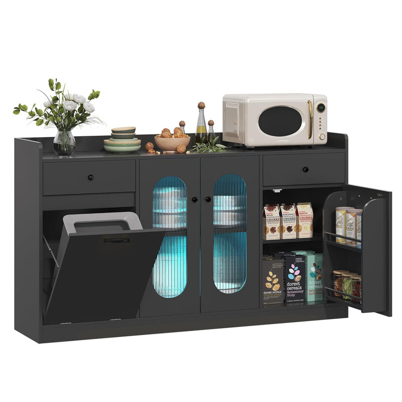 54'' Large Kitchen Island With Tilt Out Trash Can Cabinet & Adjustable Shelves, Kitchen Furniture & Led Light & 2 Drawers.