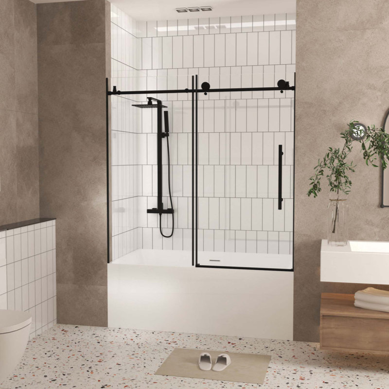 Frameless Shower Door, 1/4 "(6 Mm) Clear Tempered Glass, Explosion Proof Film, Stainless Steel Handle, Matte Black