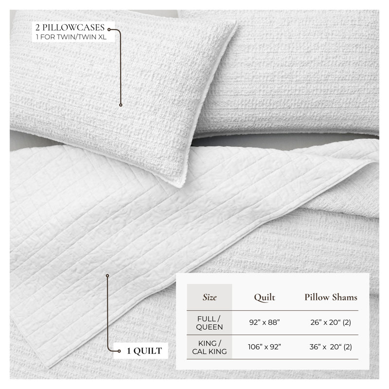 100% Cotton Garment Washed Honeycomb Waffle Quilt and Sham Set, White, King Quilt + 2 King Shams