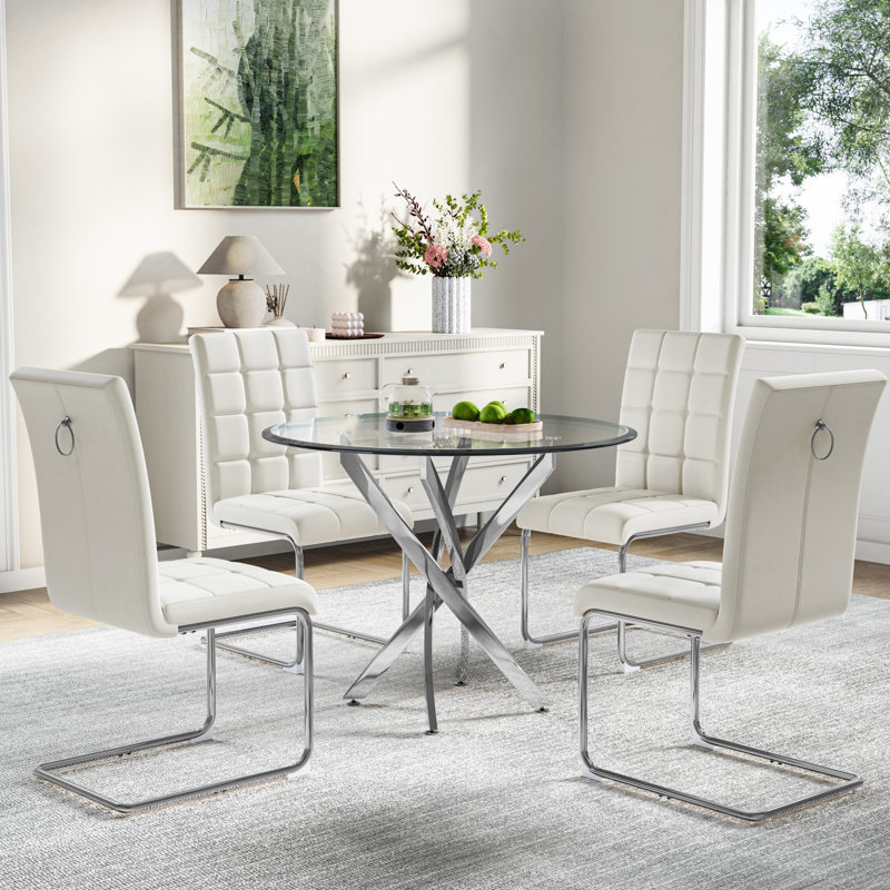 36" Round Glass Dining Table Set For 4,Modern Tempered Glass Tabletop With 4 PU Chairs For Kitchen Dining Room, Silver