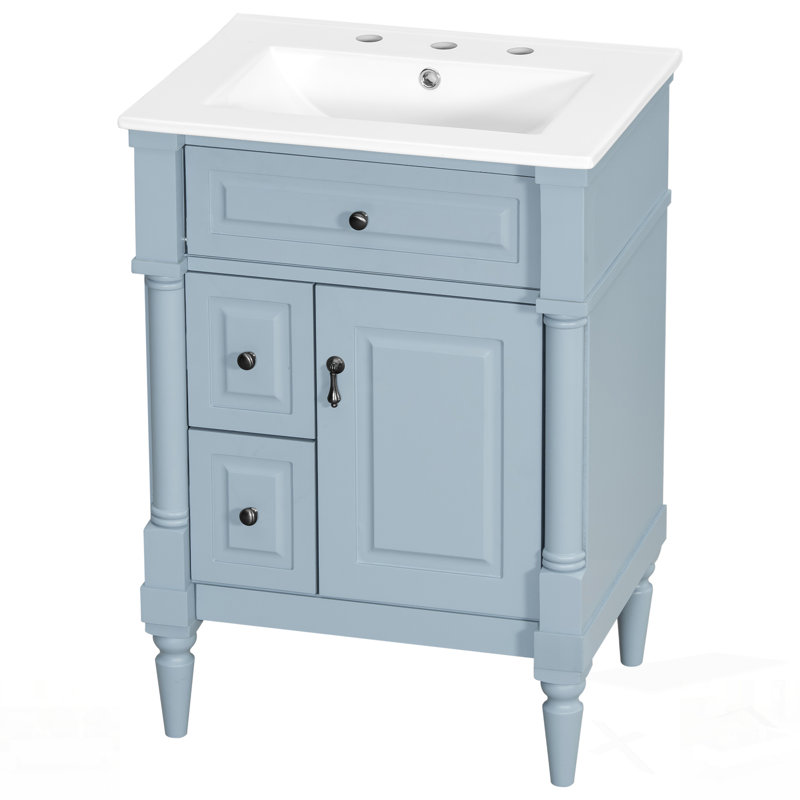 Meuble-lavabo de salle de bain avec lavabo, armoire autoportante, tiroir rabattable, tablette réglable, structure en bois d'hévéa massif, panneaux de fibres à densité moyenne et poignées en métal