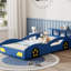 Lit simple jaune et bleu en forme de voiture de course, construction en bois, look accrocheur, caractéristiques, plateforme de rangement, roues, confortable, sécuritaire, au bout, assemblage facile-39544360