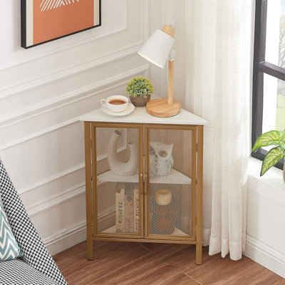 Armoire / table de coin à 3 niveaux - Organisateur de rangement en métal avec porte de protection pour salon, cuisine, salle de bain ou espaces compact