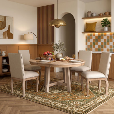 Five Piece Extendable Round Dining Table Set with Four Upholstered Chairs