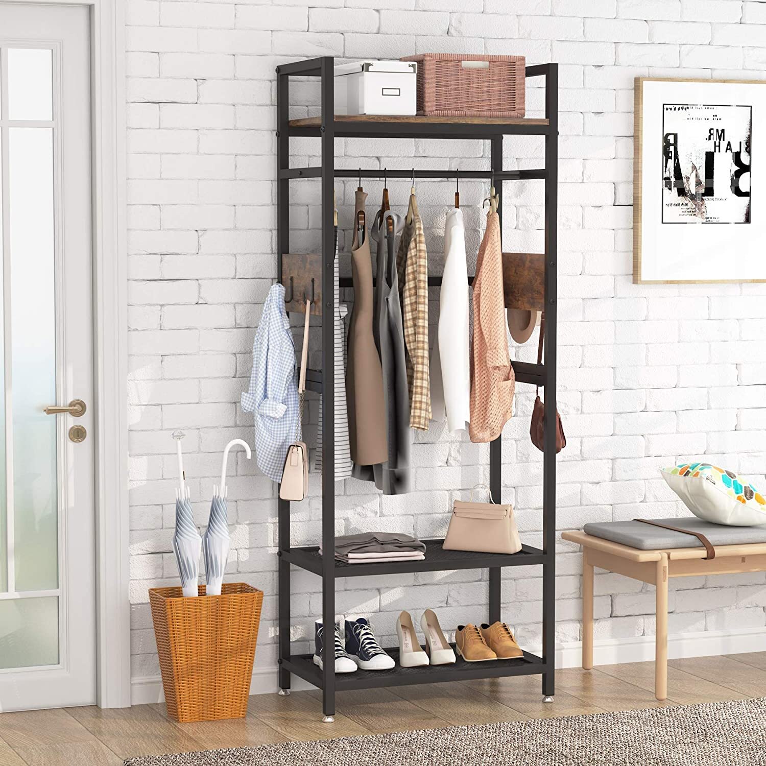 4 Tier Closet Hanging Organizer, Clothes Hanging Shelves with 5 S Hooks,  Closet Organization and Storage Wire Basket Bins for Clothing Sweater  Handbag