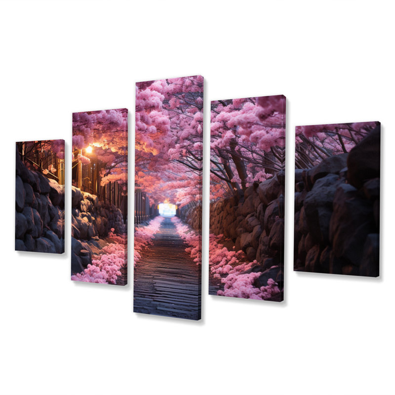 «Pink Tranquil Flowers Twilight», reproduction sur toile florale, 5 panneaux