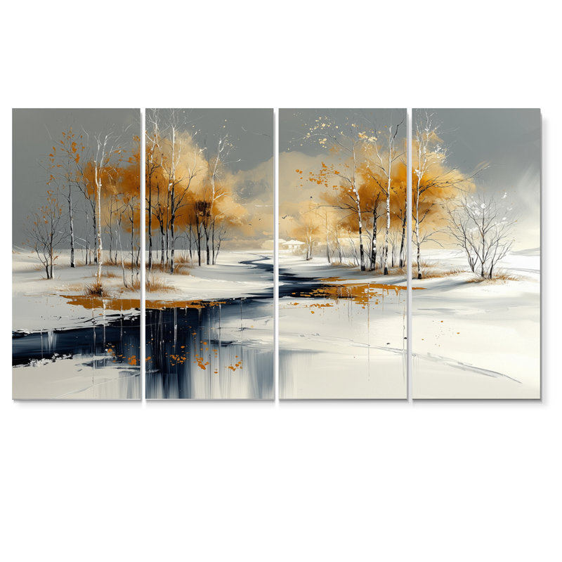Sentier givré doré et blanc en hiver - Ensemble de décorations murales paysage d'hiver, H 32 po x l 64 po
