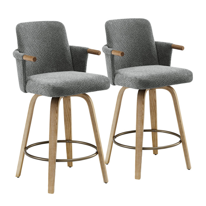 Mid-Century Modern Upholstered Swivel Barstools with Wood Legs, Gray