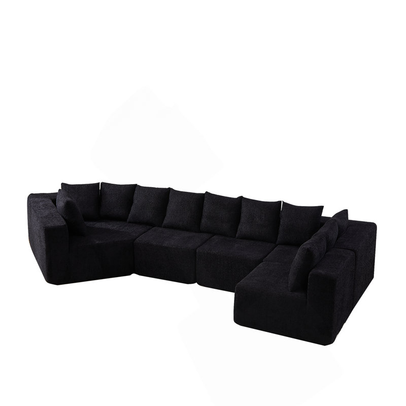 Boneless Extra-Large L-Shaped Modular Deep-Seat Sectional Sofa With Recliner And Pillows, No Assembly Needed., Black