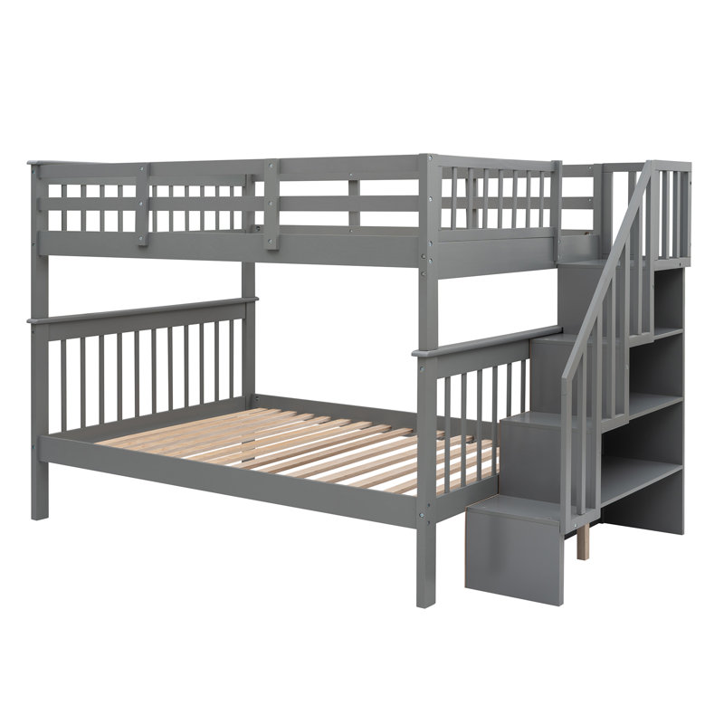 Lit superposé double avec escalier avec rangement et garde-corps pour chambre à coucher, dortoir, Gris