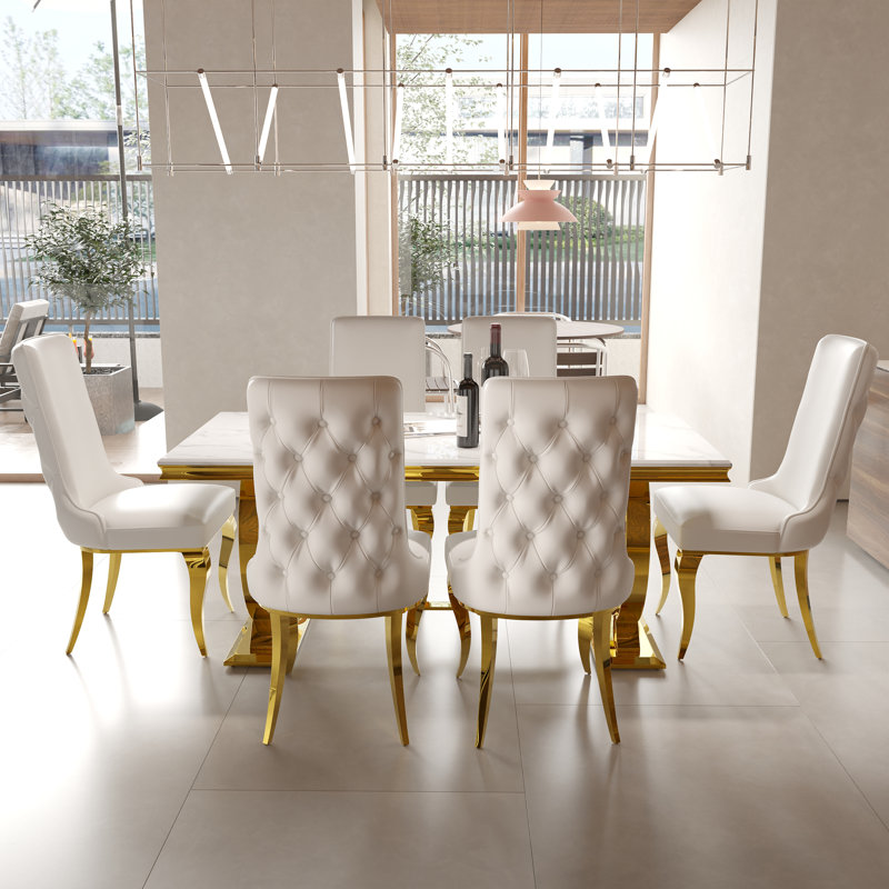 Ensemble de table de salle à manger Glam blanc et doré avec 4 chaises capitonnées en cuir blanc, 7