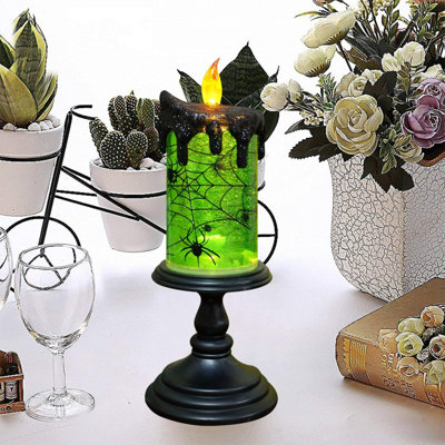 Halloween Flameless Candle Snow Globe Battery Operated With 6 Hour Timer, Green Light Spider Decal Water Tornado Lamp LED Candlestick Halloween Season Decor Gift 4 X 10 Inches
