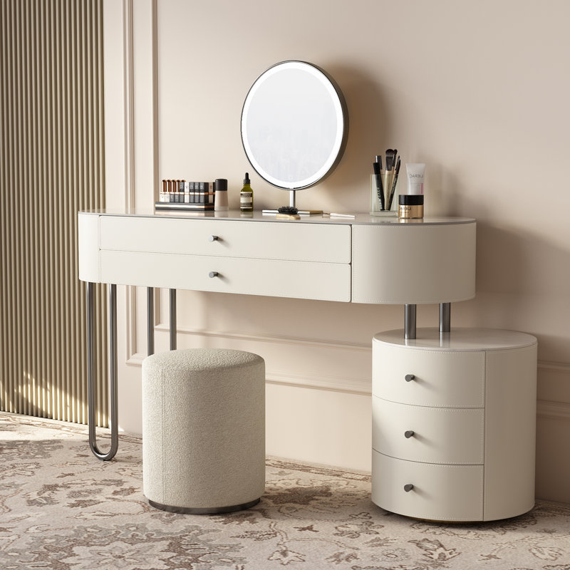 Jahnea Vanity-Elegant Set: Saddle Leather-Finished Slate Top Vanity Table & Stool, Stainless Steel Support, Reversible Installation, and Dimmable LED Mirror