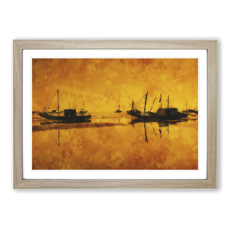 Fishing Boats at Sunset - Framed Print, 48cm H x 65cm W x 2cm D, Oak Framed