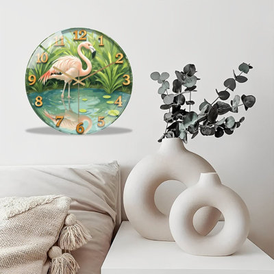 Horloge murale silencieuse en verre trempé de 30 cm, « Flamant rose », sans tic-tac, fonctionne avec des piles (piles AA non comprises), décoration artistique pour la maison