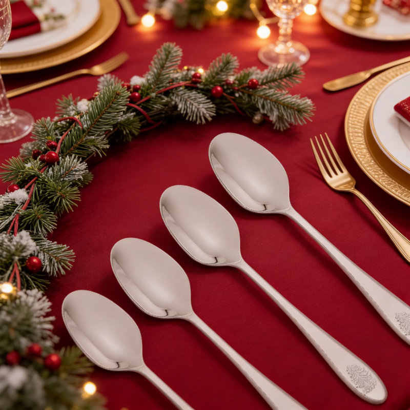 Ensemble de couverts 20 pièces en acier inoxydable - Vaisselle des Fêtes avec motif d'arbre festif - Service complet pour 4 personnes - Argenterie lavable au lave-vaisselle