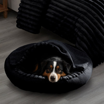 Covered Round Cuddly Large Black Pet Bed 36"R x8"