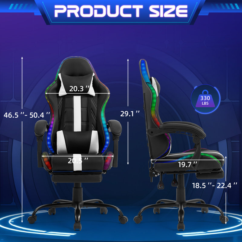 Massage Gaming Chair With RGB LED & Footrest, White/Black