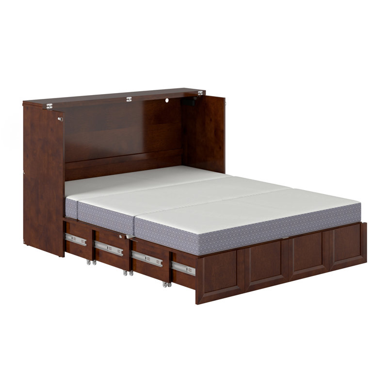 Commode-lit escamotable en bois avec matelas 6 po, tiroir de rangement et chargeur intégré Athena, Noyer