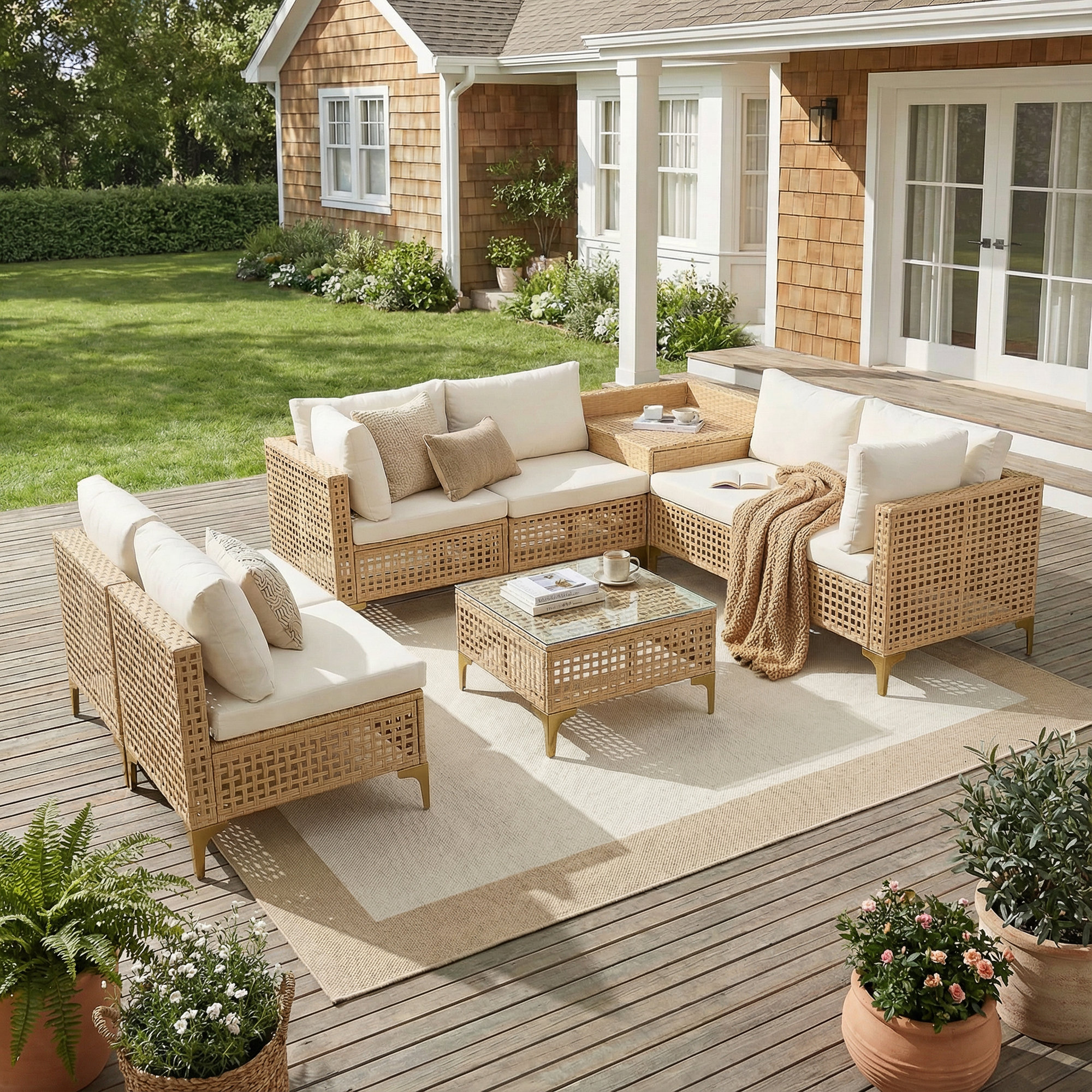 7 Piece Wicker Patio Furniture Set, Outdoor Conversation Set Sectional Sofa With Thick Cushions & Coffee Table For Backyard, Porch, Natural/Beige