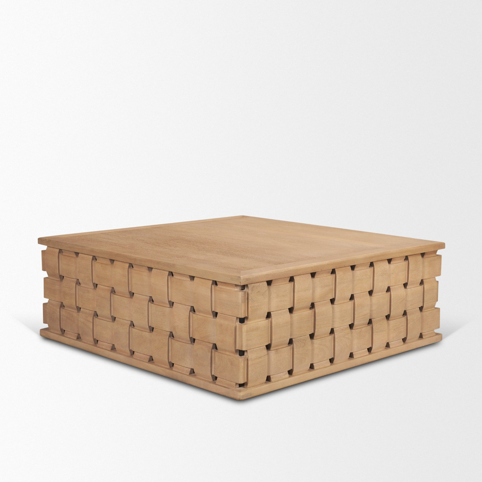 Niya 48" Wood W/ Carved Woven Base Square Coffee Table, Natural Wood