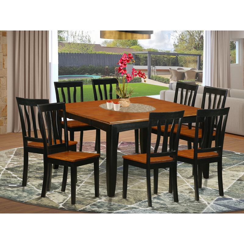 Ensemble de salle à manger 9 pièces comprenant une table carrée avec rallonge papillon et 8 chaises de cuisine, noir et cerisier