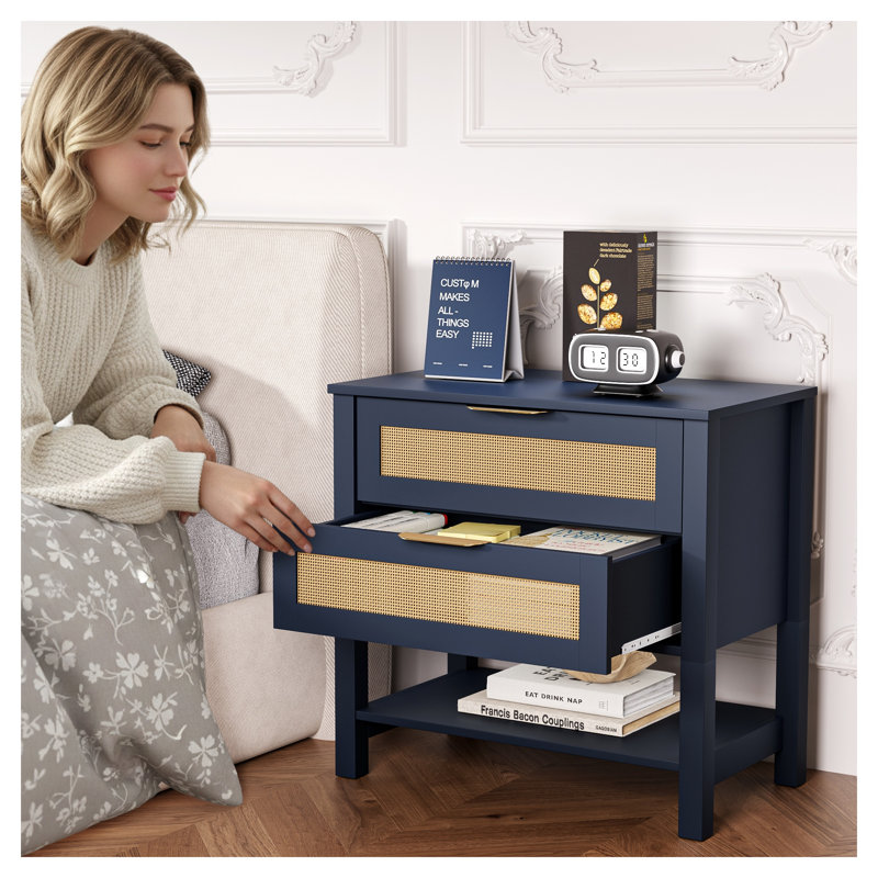 Table de chevet Boho bleu marine en rotin avec 2 tiroirs et tablette ouverte