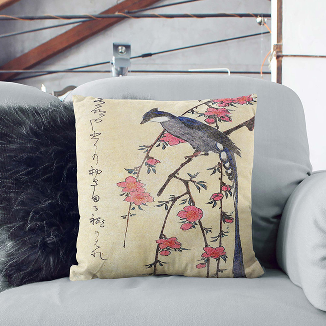Long-Tailed Bird on a Cherry Tree by Utagawa Hiroshige Cushion with Filling