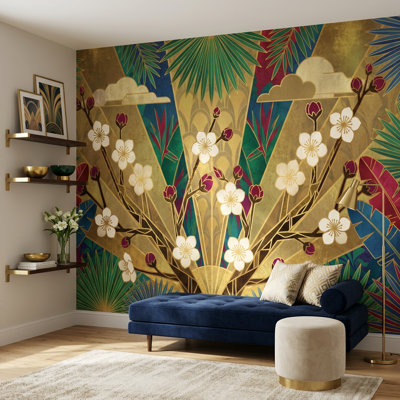 Papier peint art déco feuilles tropicales dorées
