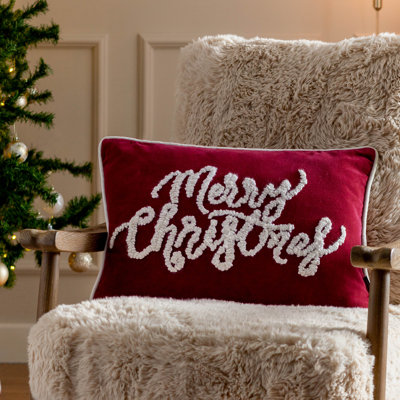 Winter Merry Xmas Red Rectangular Throw Cushion With Filling