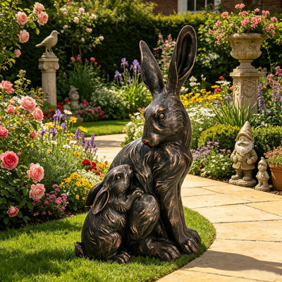 22'' Mother and Baby Hare Garden Statue