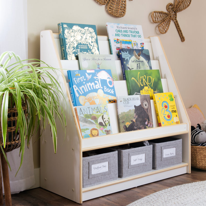 White Wooden Kids Book and Bin Display with Storage Bins