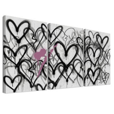 Ensemble de 3 toiles murales avec des cœurs dégoulinants noirs et roses, style graffiti