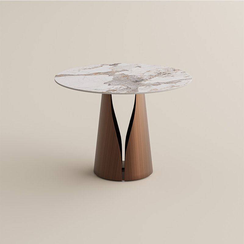 35" Modern Breakfast Table, Small Dining Table For Breakfast Nook & Compact Spaces, Glossy Pandora Sintered Stone Top With Bronze Metal Base