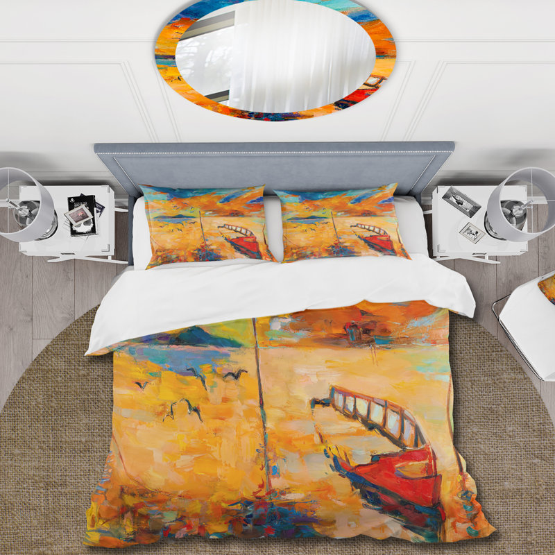 «Boat Pendant Evening Glow At The Lake» - Ensemble de housse de couette nautique - Polyester en microfibre