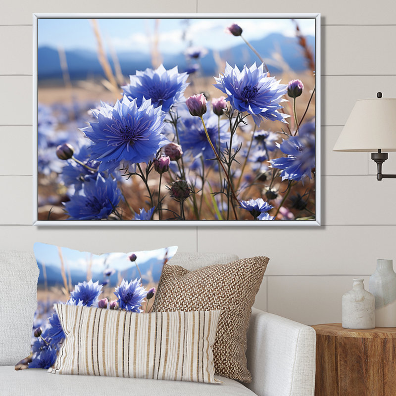 Bleuet champ de maïs - salon d'art mural floral, Cadre flottant blanc, H 16 po x l 32 po x P 1 po