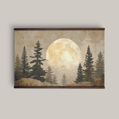 Vintage Full Moon Forest Landscape Wall Art Canvas Tapestry, Rustic Pine Tree Nature Painting, Farmhouse Cabin Living Room Bedroom Decor