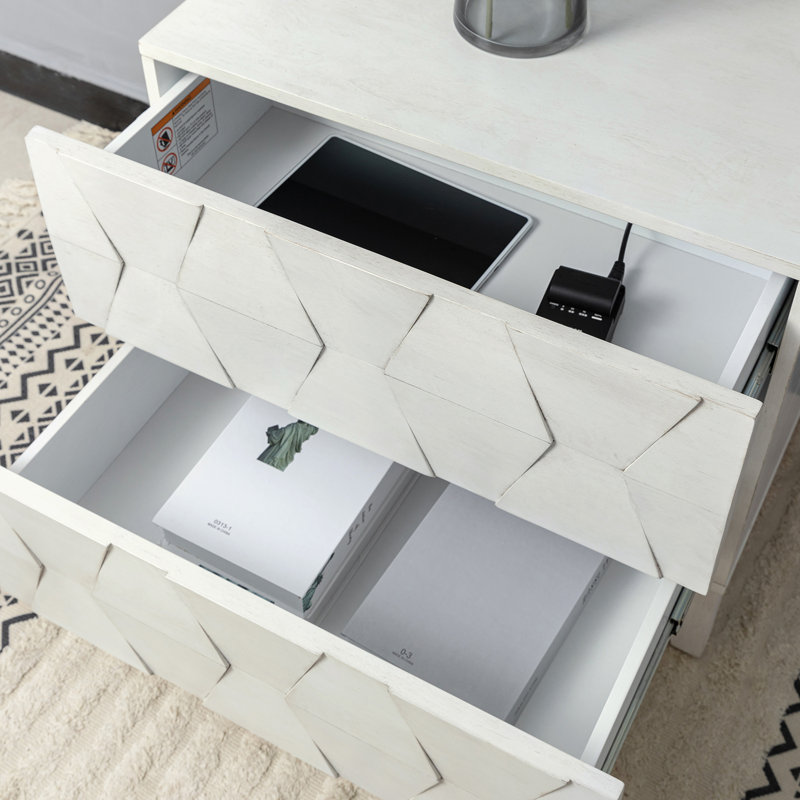 Iasiah 26" W 2-Drawer Solid and Manufactured Wood End Table with Built-In Charging Station , White