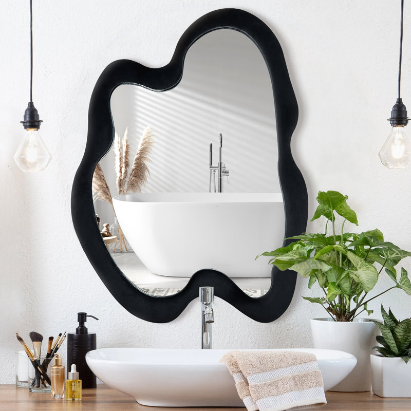 Lochan Asymmetrical Wall Mirror with Velvet Frame - Unique, Irregular Shaped Design for Living Room, Bedroom, or Hallway Decor