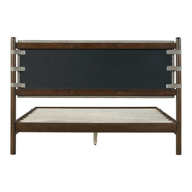 Premium Rubber Wood Platform Bed Frame, Queen Bed Frame With Headboard Included, Mid Century Modern Bed With Walnut+Light Grey Color