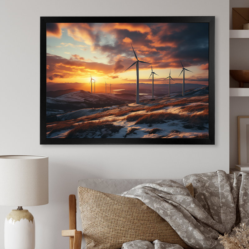 Sunset Wind Turbines Mountain View V - Wind Turbines Wall Art, 34" H x 44" W x 1.5" D, Black Closed Corner Framed